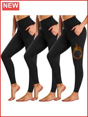 Fleece Lined Leggings Women with Pockets 3 Pack High Waisted Yoga Pants
